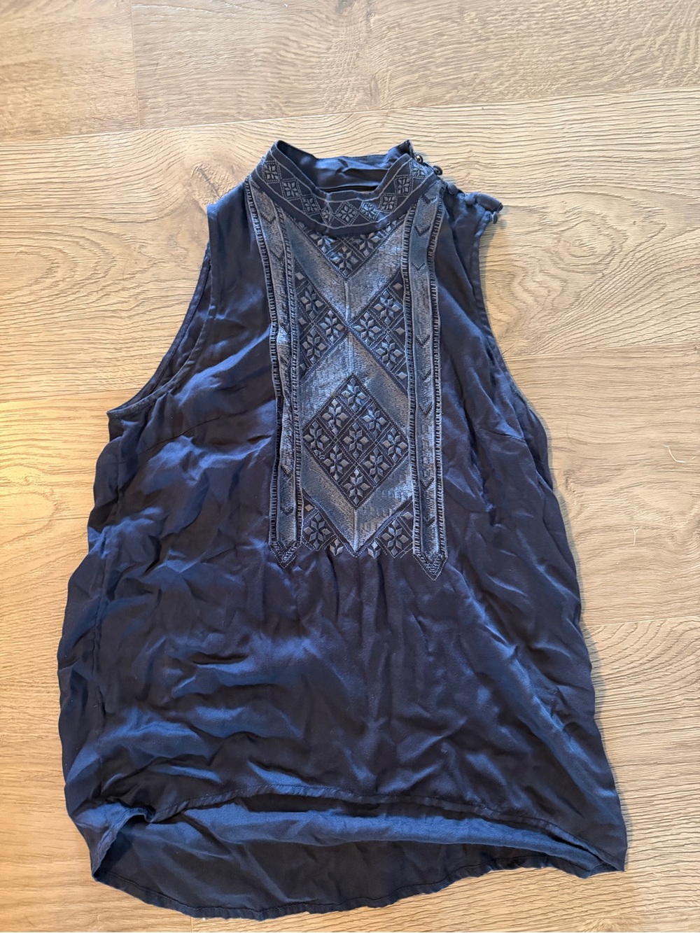 Anthropologie Navy Embroidered High-Neck Sleeveless Camisole